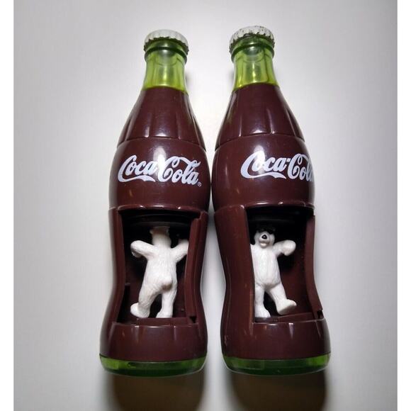 Lot 2 Vintage Coca-Cola Burger King Bottle Spinning Dancing POLAR BEAR Toy Coke - Picture 1 of 10